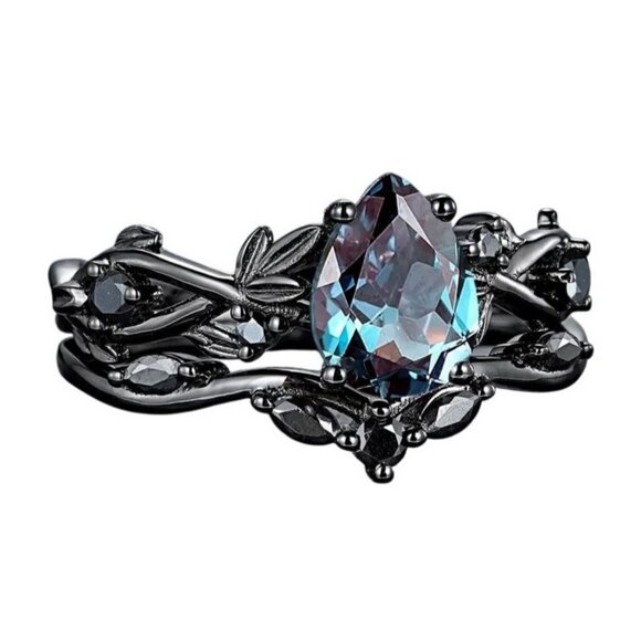 Pear Cut Alexandrite & Moissanite 2 piece Bridal Wedding engagement ring Rhodium - Picture 5 of 8